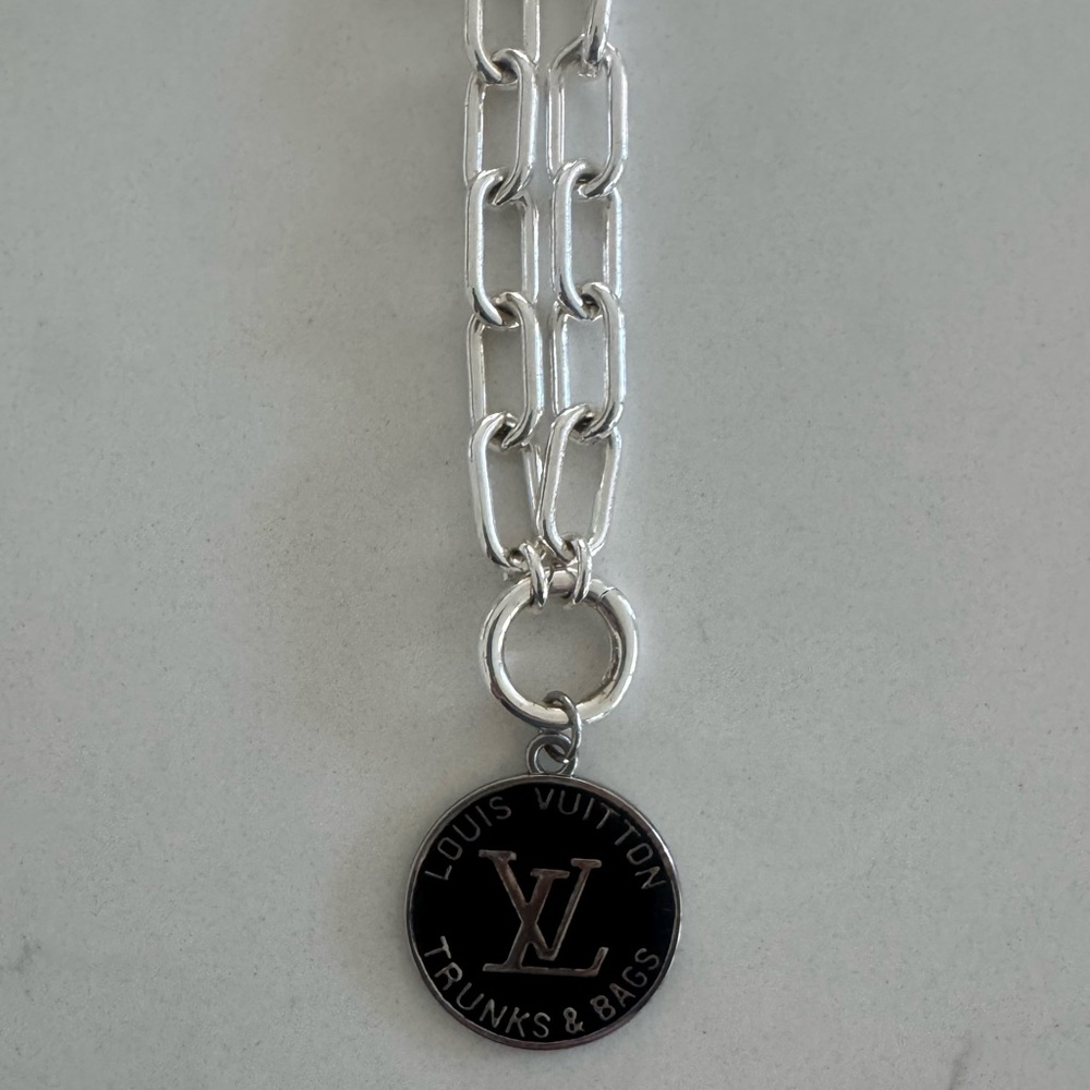 Louis Vuitton 1” Black Pendant on Allie & Bess 16”-19” Silver Paperclip necklace - Picture 2 of 4